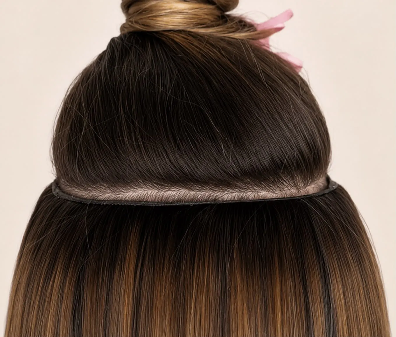 The finished base on dark hair, the weft seam concealed under the section above it.