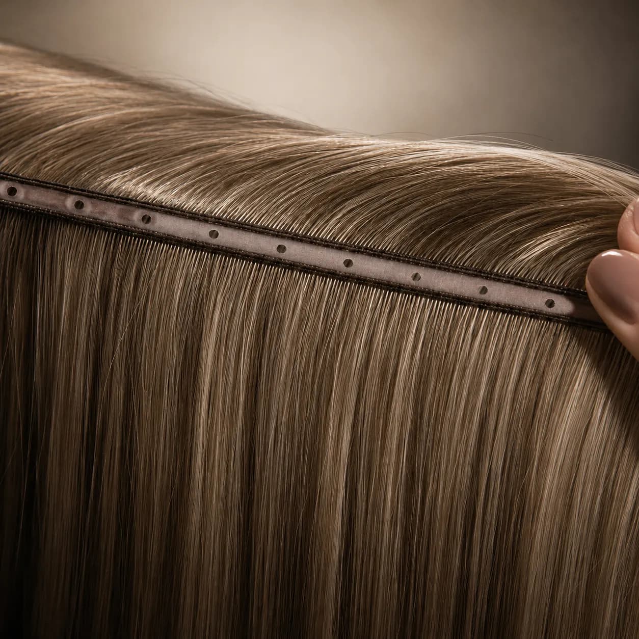 Close view of the continuous perforated band and hair construction of a Dani Steel™ Butterfly Weft extension.