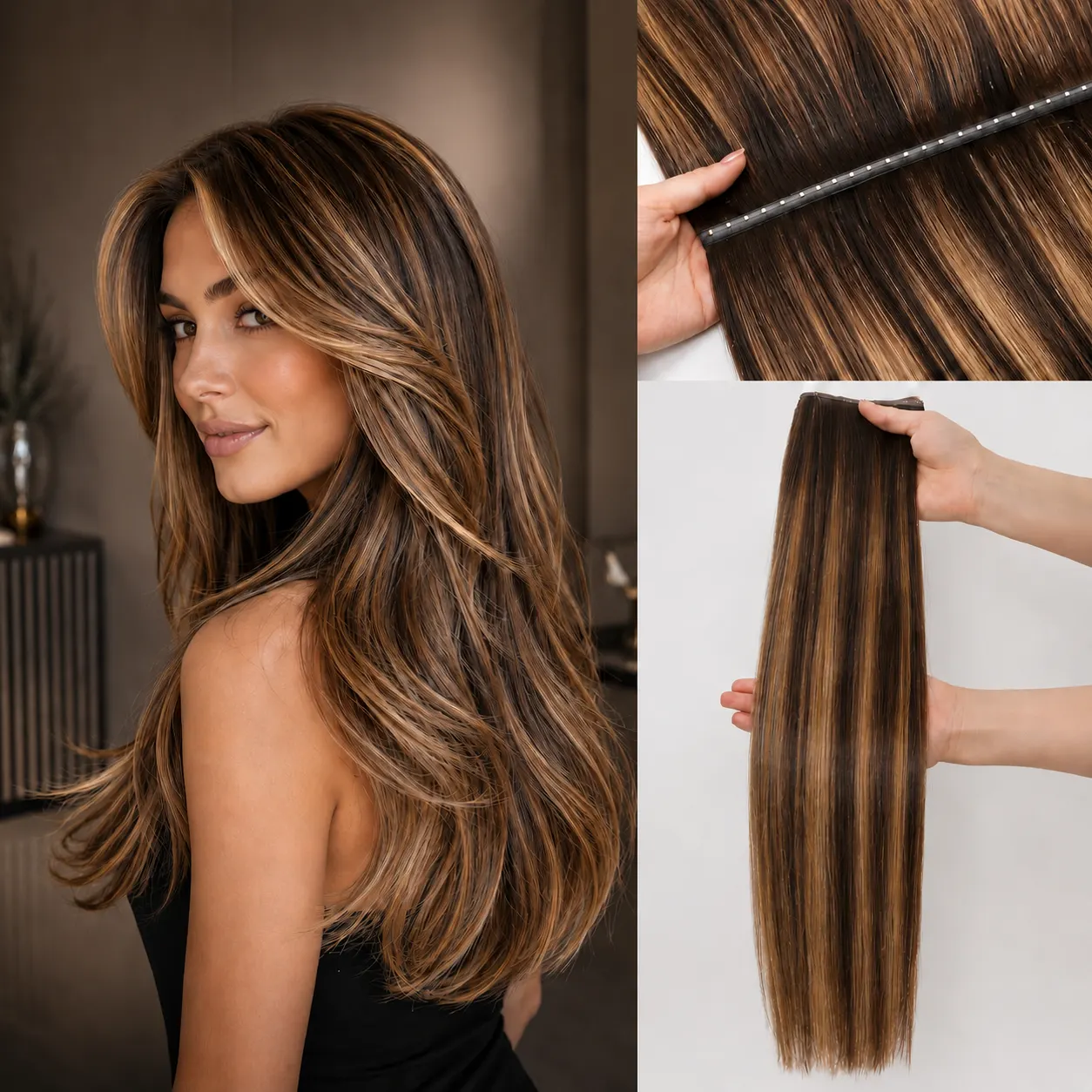 Brunette wearing long dark hair beside close views of the perforated Butterfly Weft band and the complete extension piece.