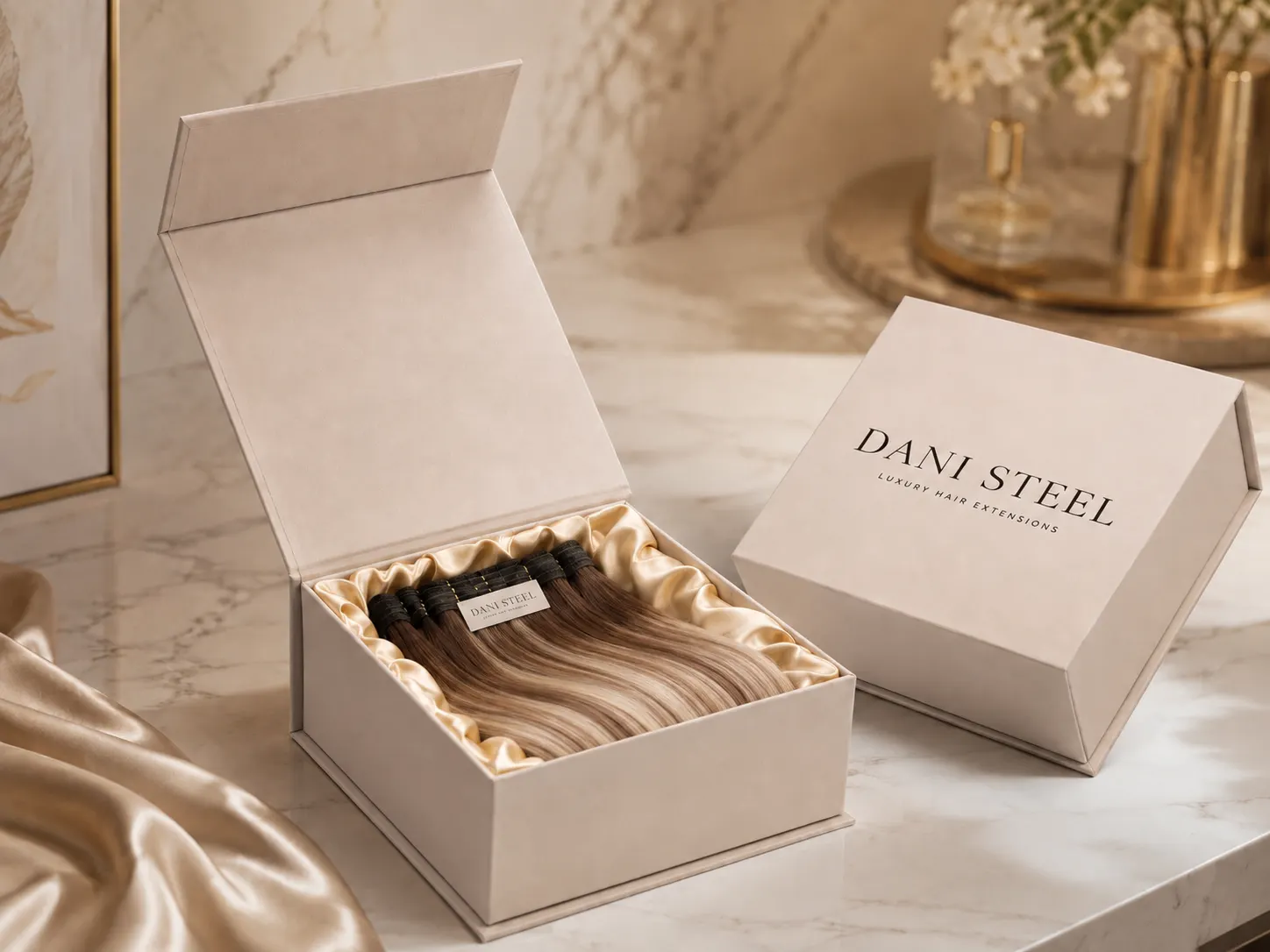 Dani Steel presentation box with folded hair wefts on satin, branded lid beside.