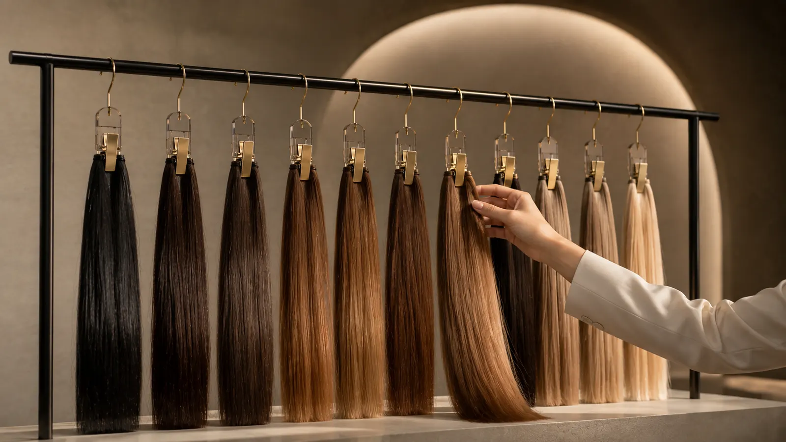 Dani Steel atelier rack with twelve hair swatch bundles, a hand selecting one.