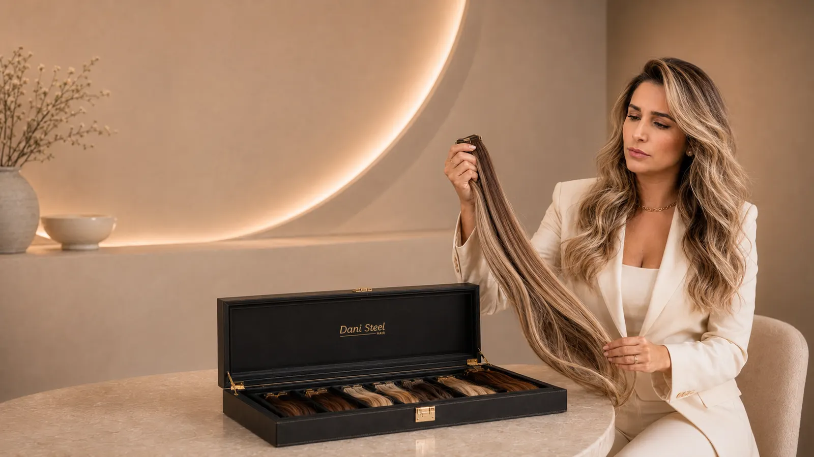 Danielly Favaretti examining a premium hair extension beside an open Dani Steel™ presentation case.