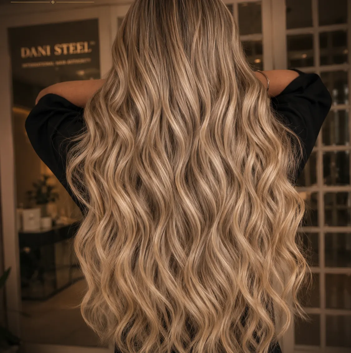Long, voluminous blonde waves after a Dani Steel transformation