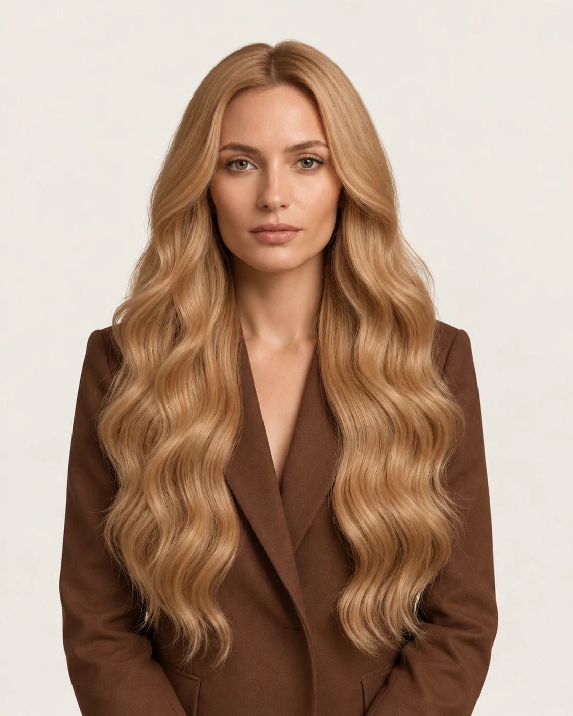 Dani Steel™ shade 16 Warm Champagne shown on long hair extensions.