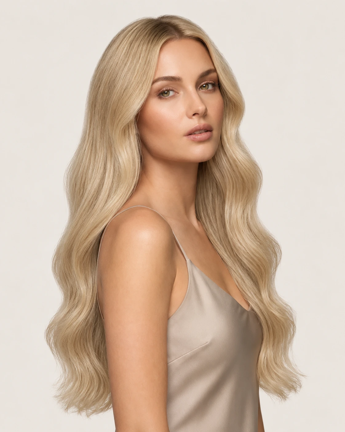 Dani Steel™ shade 18/22 Golden Hour Balayage shown on long hair extensions.