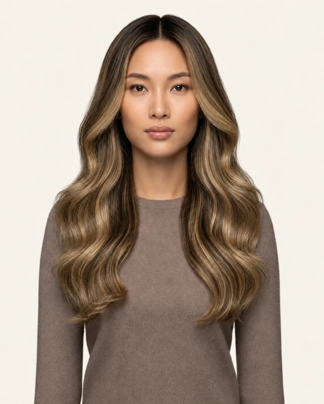 Dani Steel™ shade 4/18 Mocha Sand Balayage shown on long hair extensions.
