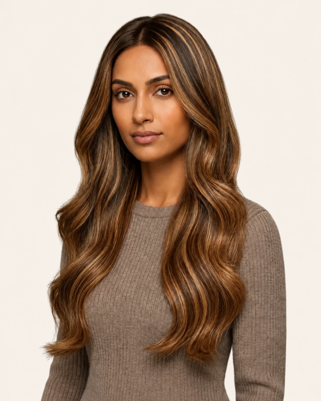 Dani Steel™ shade 4/8 Soft Caramel Balayage shown on long hair extensions.