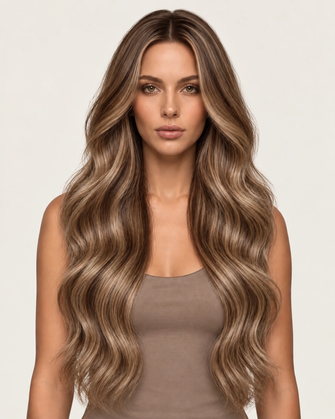 Dani Steel™ shade 5/18 Chestnut Cream Balayage shown on long hair extensions.