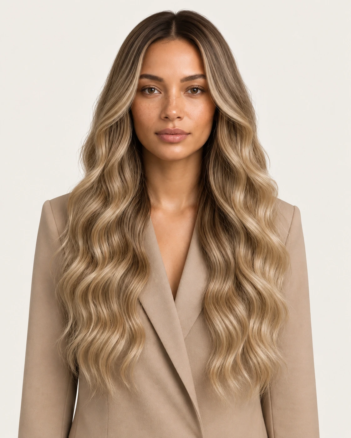 Dani Steel™ shade 6/24 Honey Pearl Balayage shown on long hair extensions.