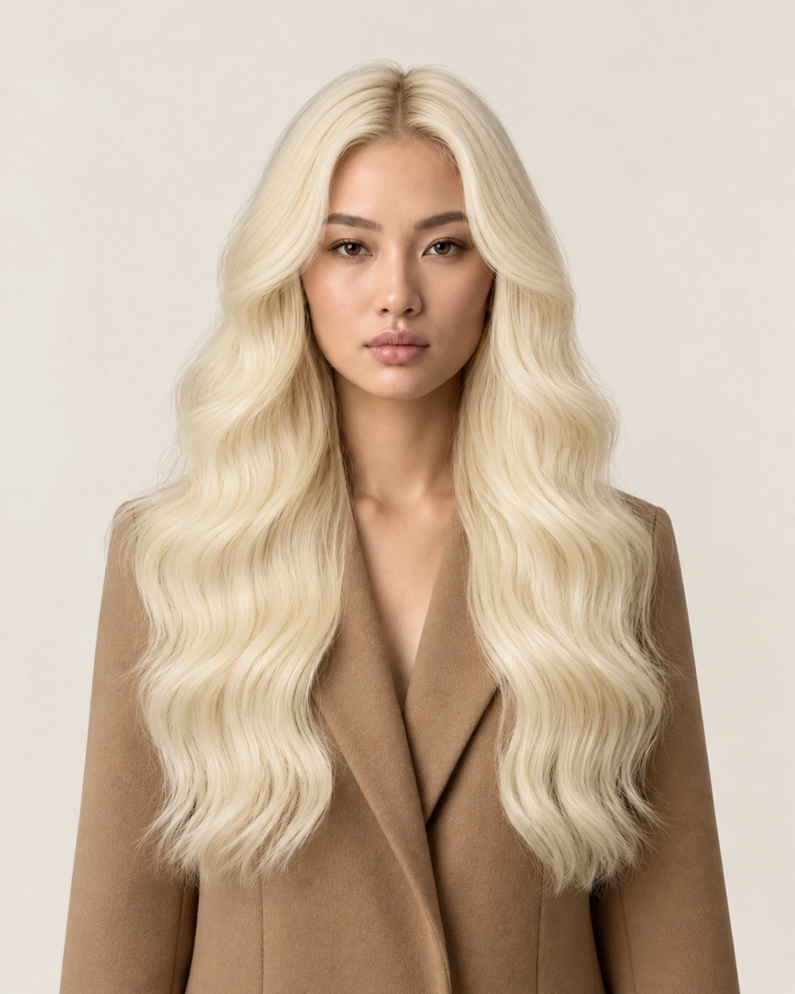Dani Steel™ shade 60 Arctic Blonde shown on long hair extensions.