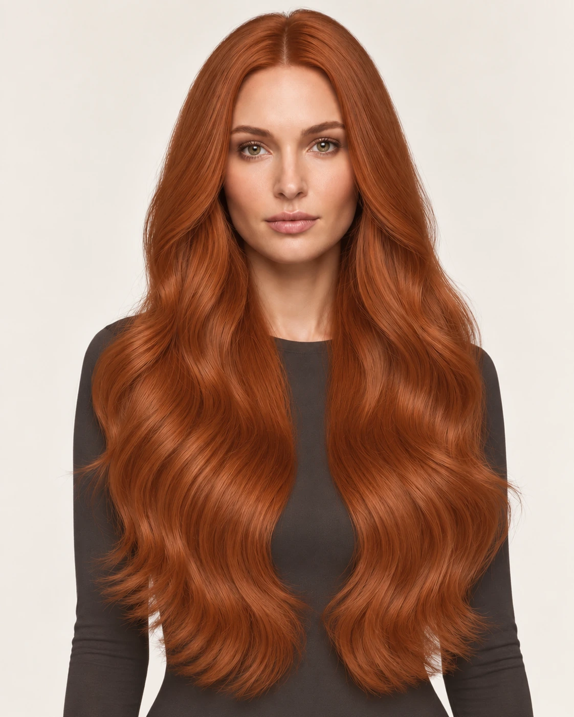 Dani Steel™ shade Copper Flame shown on long hair extensions.
