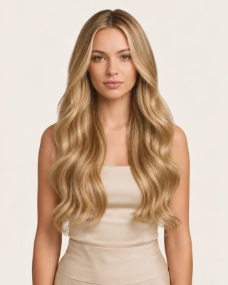 Dani Steel™ shade 14/60B Honey Vanilla Balayage shown on long hair extensions.