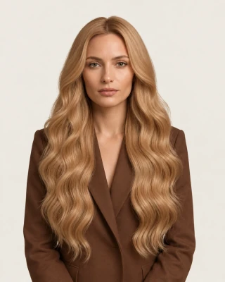 Dani Steel™ shade 16 Warm Champagne shown on long hair extensions.