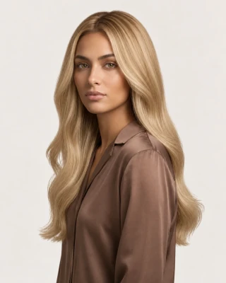 Dani Steel™ shade 18/613 Crystal Gold Balayage shown on long hair extensions.