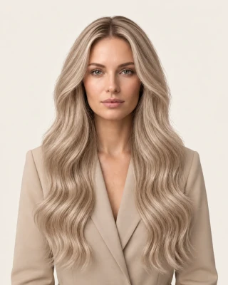 Dani Steel™ shade 18A Classic Mist shown on long hair extensions.