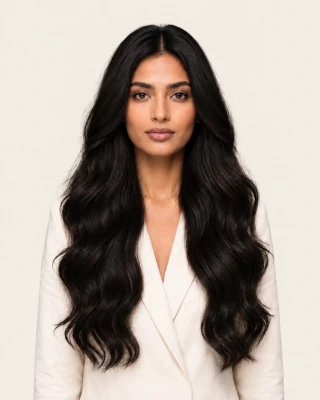 Dani Steel™ shade 1B Midnight shown on long hair extensions.