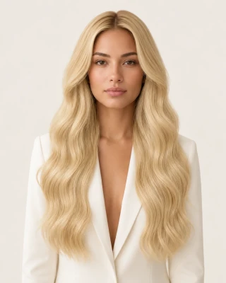 Dani Steel™ shade 22 Buttercream shown on long hair extensions.