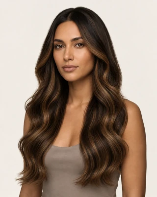 Dani Steel™ shade 2A/6A Espresso Almond Balayage shown on long hair extensions.
