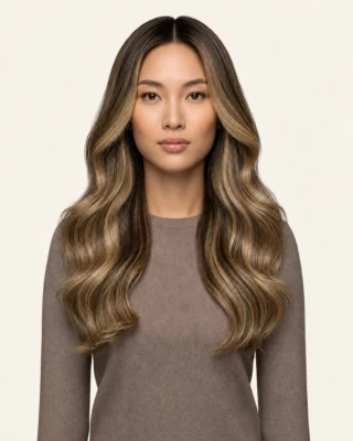 Dani Steel™ shade 4/18 Mocha Sand Balayage shown on long hair extensions.