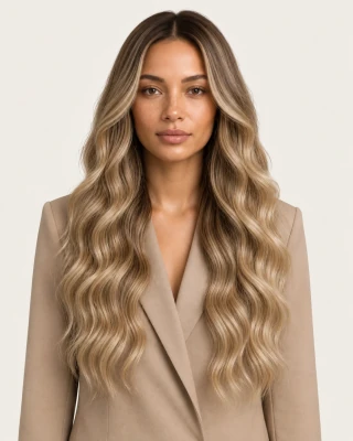Dani Steel™ shade 6/24 Honey Pearl Balayage shown on long hair extensions.