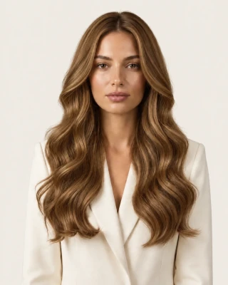 Dani Steel™ shade 6 Honey Toffee shown on long hair extensions.