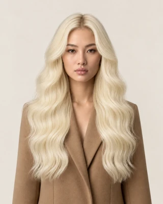 Dani Steel™ shade 60 Arctic Blonde shown on long hair extensions.