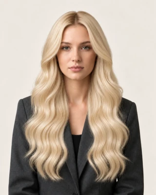 Dani Steel™ shade 613 Iconic Platinum shown on long hair extensions.