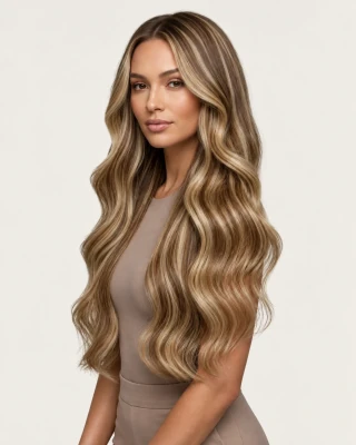 Dani Steel™ shade 6A/20 Almond Vanilla Balayage shown on long hair extensions.
