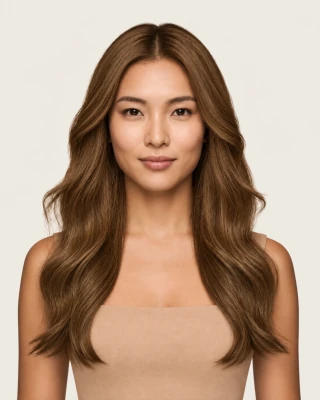 Dani Steel™ shade 6A Toasted Almond shown on long hair extensions.