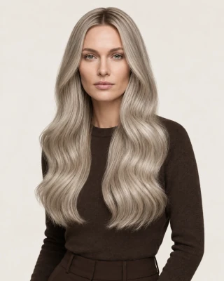 Dani Steel™ shade 7A/60A Cashmere Balayage shown on long hair extensions.