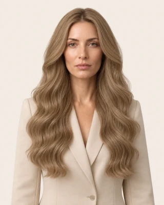 Dani Steel™ shade 8 Honey Glaze shown on long hair extensions.