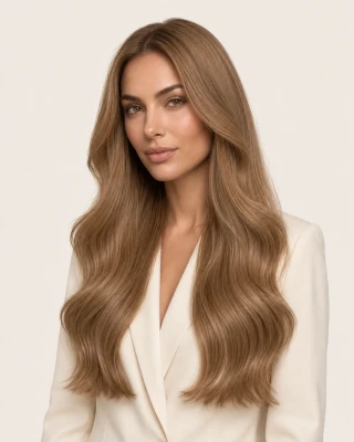 Dani Steel™ shade 8A Cool Sand shown on long hair extensions.