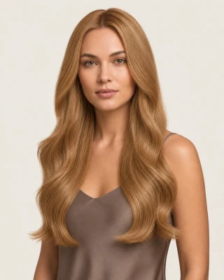Dani Steel™ shade 8C Golden Copper shown on long hair extensions.