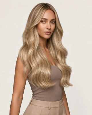 Dani Steel™ shade 9A/24 Glow Balayage shown on long hair extensions.