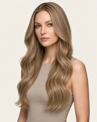 Dani Steel™ shade 9A Champagne Beige shown on long hair extensions.