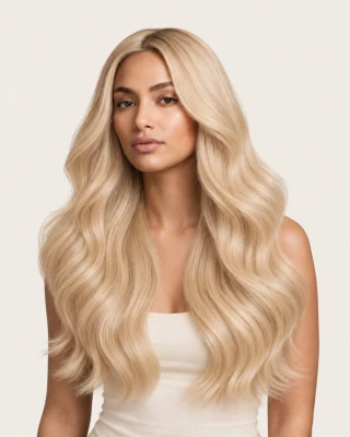 Dani Steel™ shade M18/60 Iced Honey Fusion shown on long hair extensions.