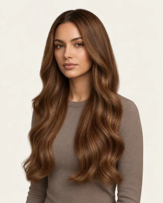 Dani Steel™ shade M4/27 Ginger Brown Fusion shown on long hair extensions.