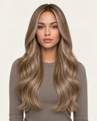 Dani Steel™ shade M4/613 Platinum Brown Fusion shown on long hair extensions.
