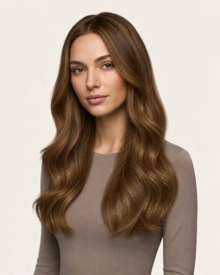 Dani Steel™ shade M4/8 Caramel Fusion shown on long hair extensions.