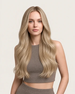Dani Steel™ shade M8/613 Vanilla Fusion shown on long hair extensions.