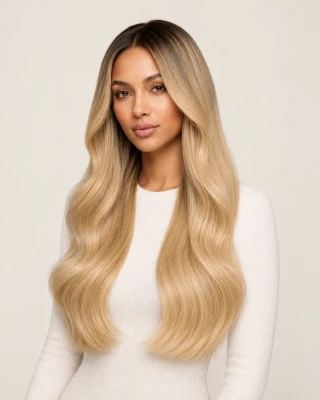Dani Steel™ shade R2A/22 Buttercream Shadow shown on long hair extensions.