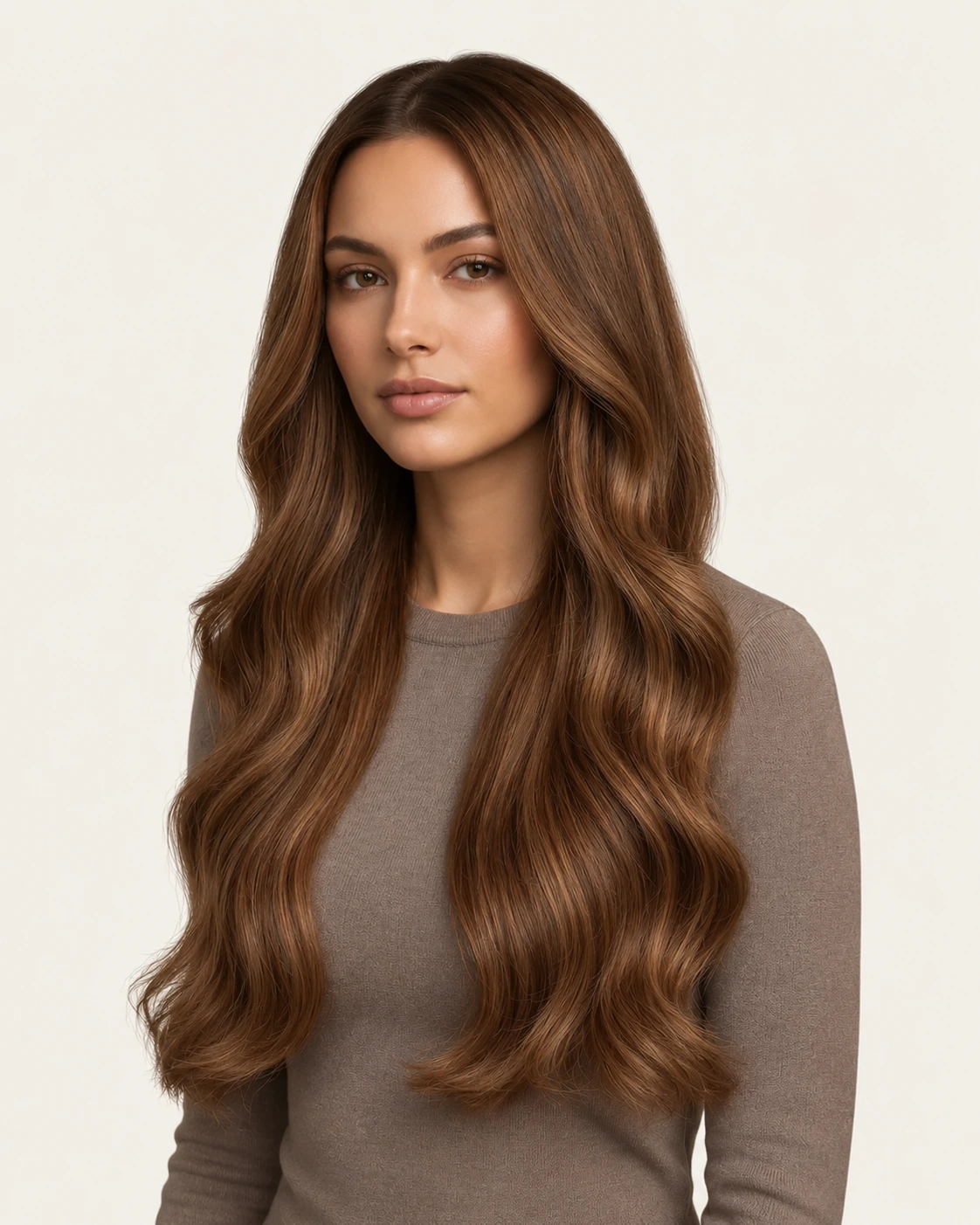 Dani Steel™ shade M4/27 Ginger Brown Fusion shown on long hair extensions.