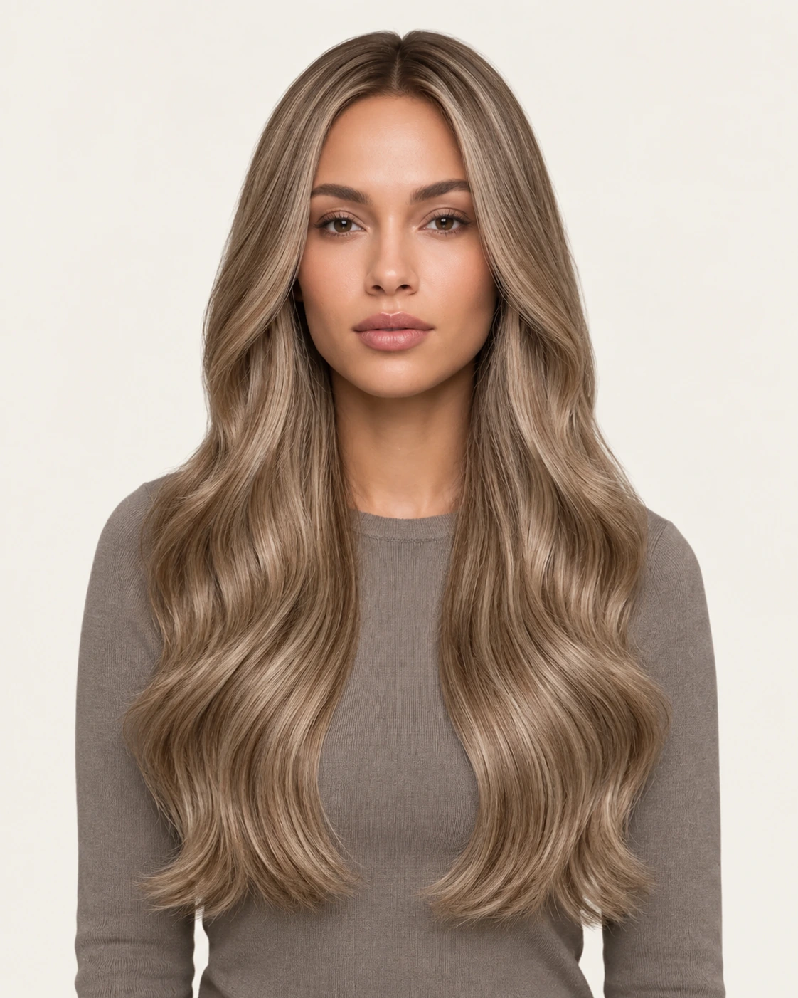 Dani Steel™ shade M4/613 Platinum Brown Fusion shown on long hair extensions.