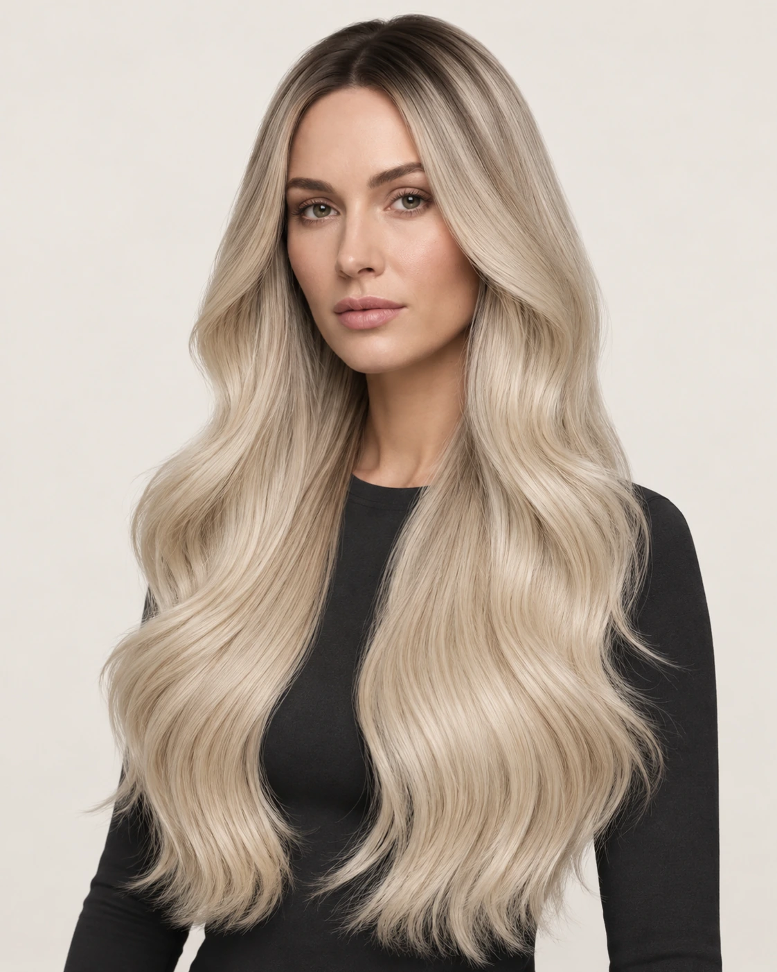 Dani Steel™ shade R2/1001 White Pearl Shadow shown on long hair extensions.