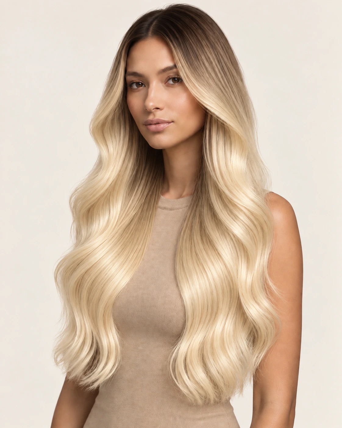 Dani Steel™ shade R40/613 Vanilla Shadow shown on long hair extensions.
